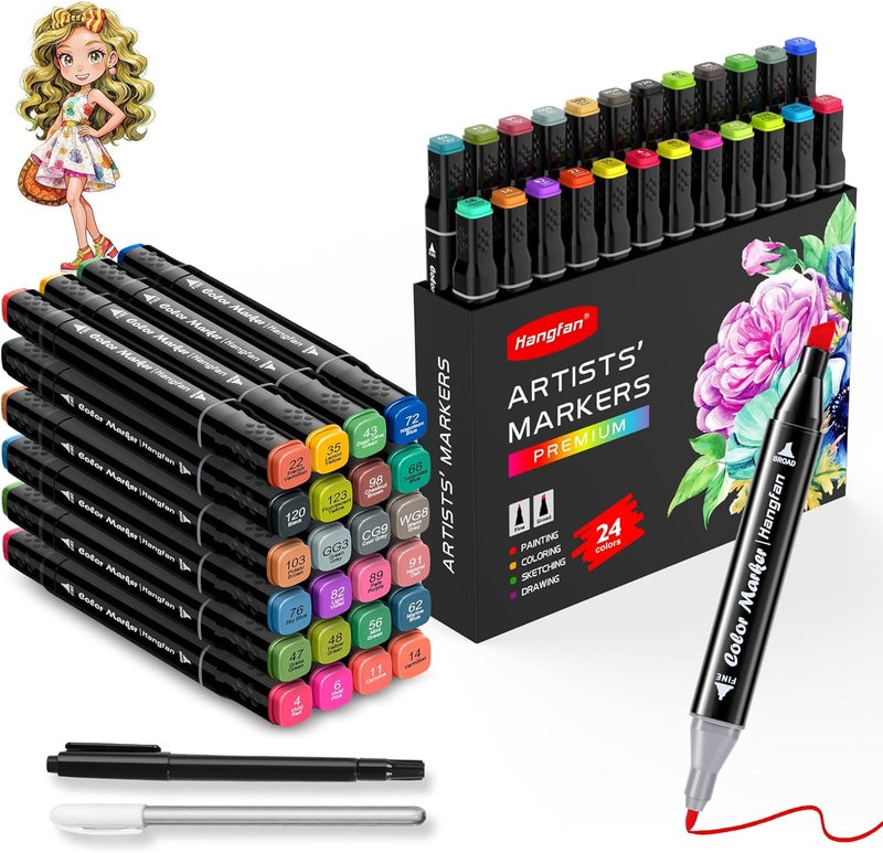 HandFan 24 Colors Alcohol Markers, Dual Tip Art Markers, Perfect for Beginner, Drawing, Sketching, Illustration - Image 1